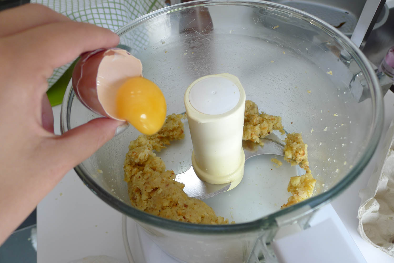 Blend with three of the egg yolks - add one by one